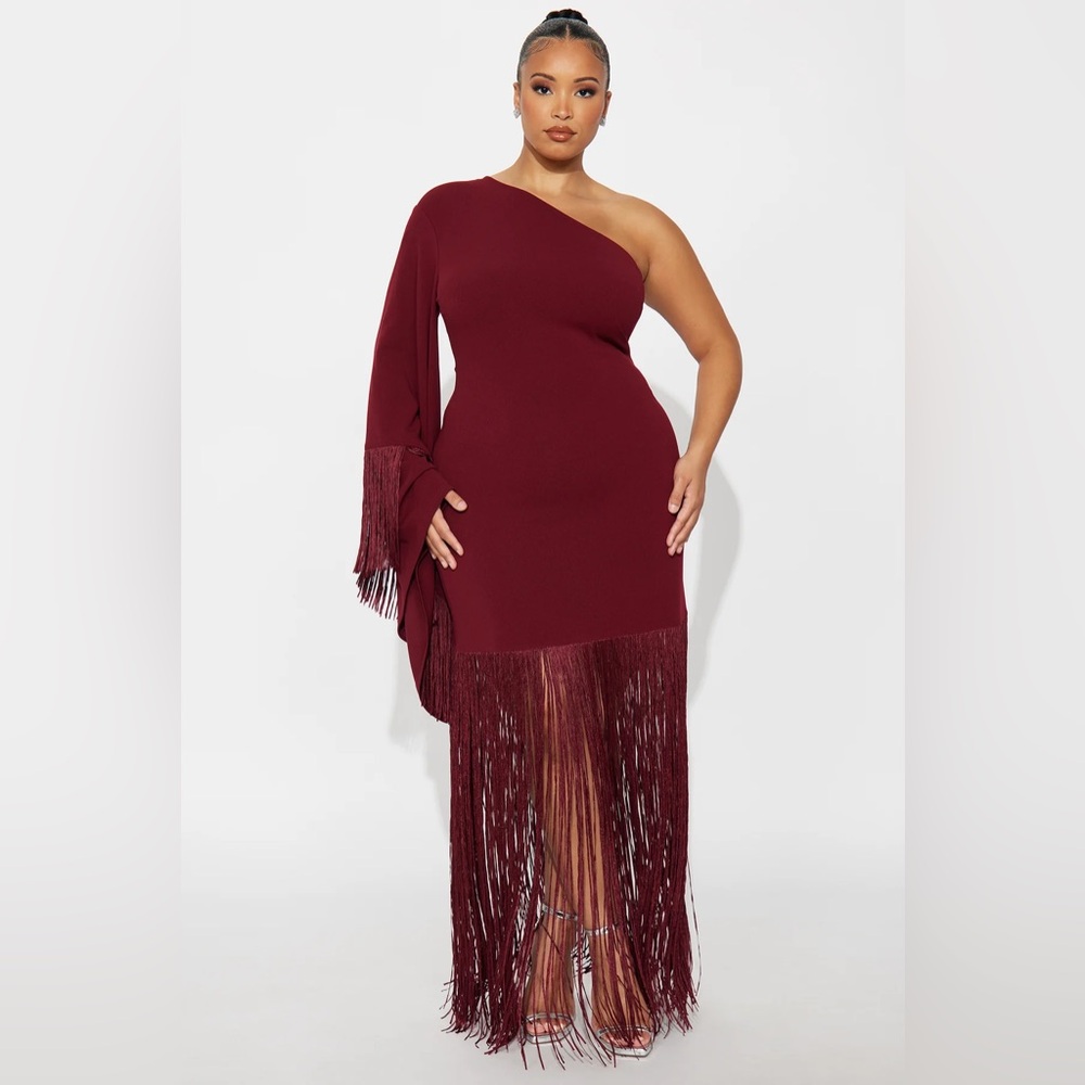 Fashion Nova Burgundy One-Shoulder Fringe Dress